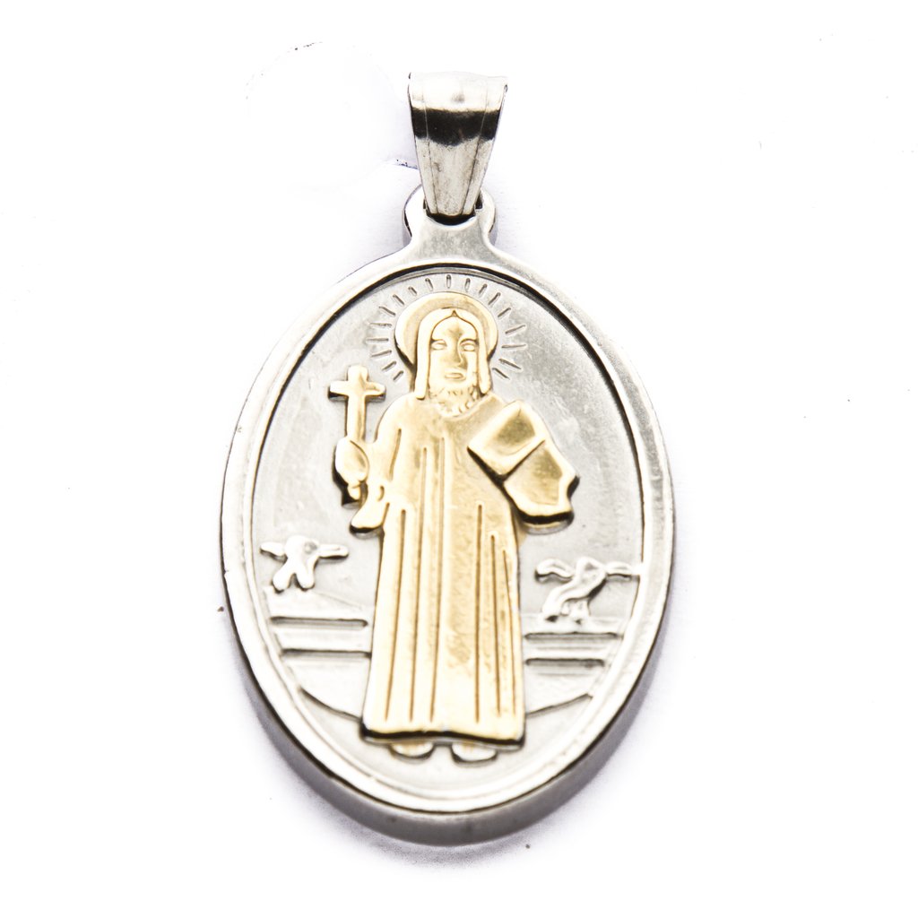Dije Medalla Ovalada San Benito con Dorado de Acero Quirúrgico 316L. Alt: 5 cm incl. Argolla. / 500RE-1