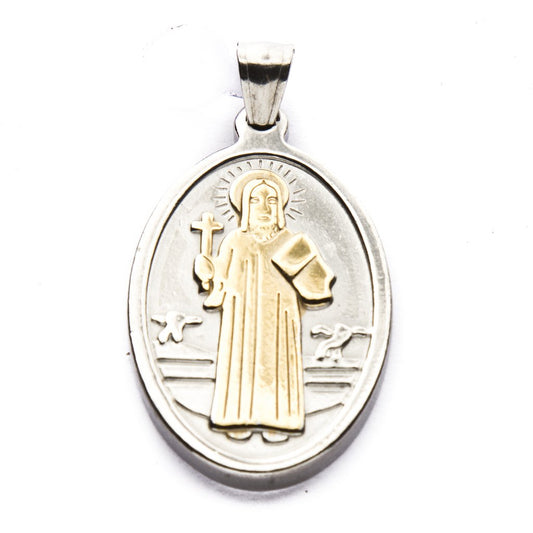 Dije Medalla Ovalada San Benito con Dorado de Acero Quirúrgico 316L. Alt: 5 cm incl. Argolla. / 500RE-1