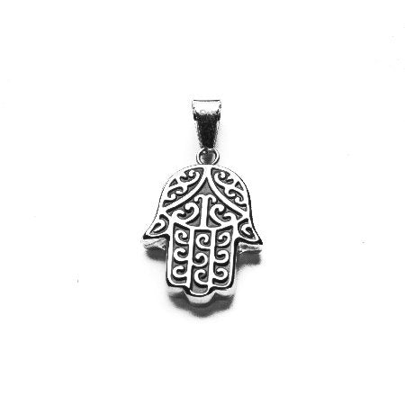 Dije D&K Mano De Fátima Esmaltado Negro Inflada de Acero Quirúrgico 316L. Alt: 3,8cm incl. Argolla. / 500RE-118