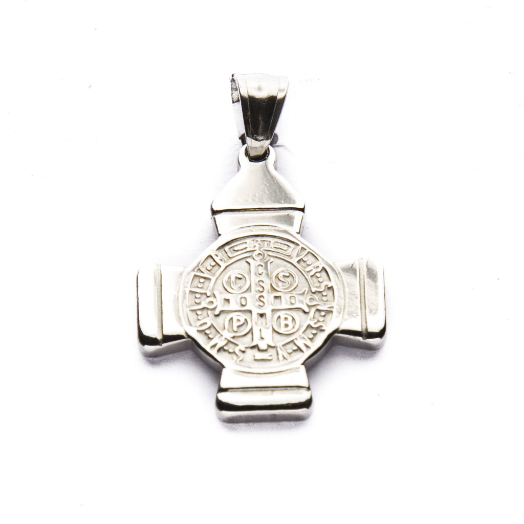 Dije Cruz D&K San Benito de Acero Quirúrgico 316L. Alt: 4 cm incl. Argolla. / 500RE-23