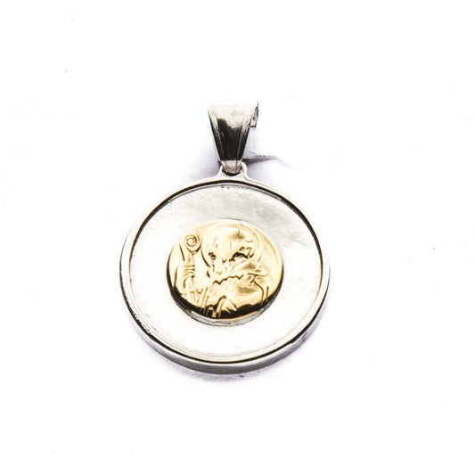 Dije Medalla D&K San Benito Con Dorado de Acero Quirúrgico 316L. Alt: 3,5 cm incl. Argolla. / 500RE-53