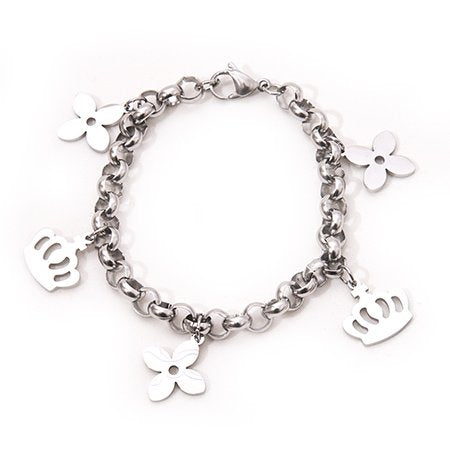 Pulsera rolo con dijes corona y flor 7 mm 19 cm D&K / 600CO-35
