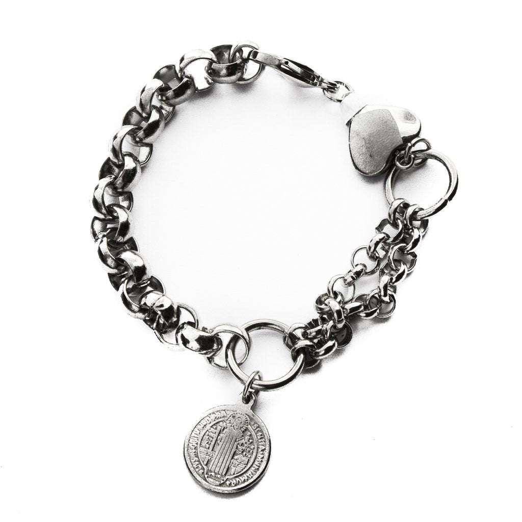 Pulsera Rolo Con Medalla San Benito Y Cierre Con Corazón / 600RE-14