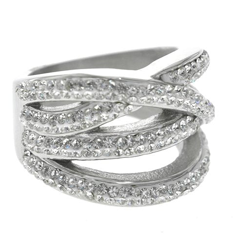 Anillo acero quirurgico lineas entrecruzadas cubics blancos D&K