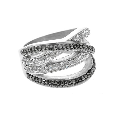 Anillo Acero Quirurgico lineas entrecruzadas cubics blanco y negro D&K