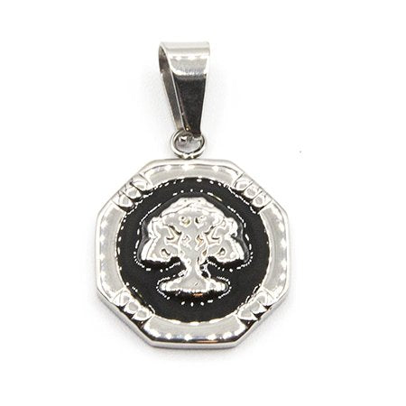 Dije Medalla D&K Arbol De La Vida Octógono Con Fondo Esmaltado Negro de Acero Quirúrgico 316L. Alt: 3 cm Incl. Argolla. / 500AV-128