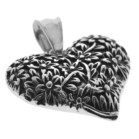Dije acero quirurgico corazon tramado con flores con esmaltado negro 3.2 cm D&K FERIA / 500CZ-47