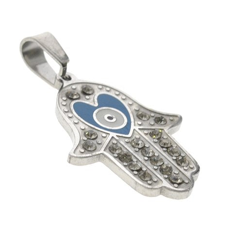 Dije acero quirurgico mano de fatima con corazon esmaltado azul y ojito con cubic 3 cm D&K / 500RE-300