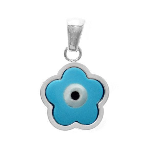 Dije acero blanco flor con ojo turco y nacar celeste 2 cm D&K / 1300NA-1