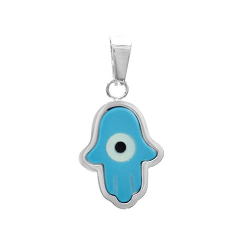 Dije acero blanco Mano de Fátima ojo turco y nacar celeste 3 cm D&K / 1300NA-8