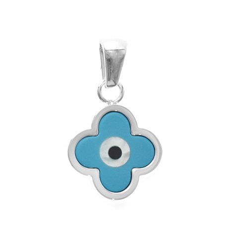 Dije acero blanco cruz del equilibrio con ojo turco y nacar celeste 2 cm D&K / 1300NA-2