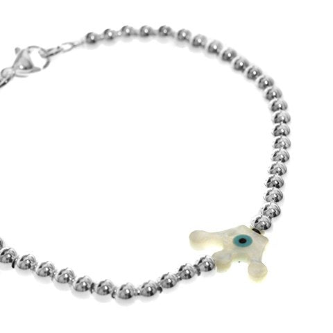 Pulsera acero blanco bolitas con dije nacar de corona con ojito 19 cm D&K FERIA / 1000GE-22