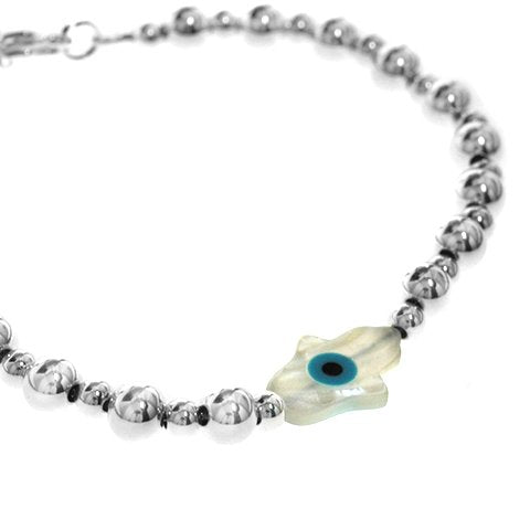 Pulsera acero blanco bolitas con dije nacar de mano con ojito 20 cm D&K FERIA / 1000GE-29