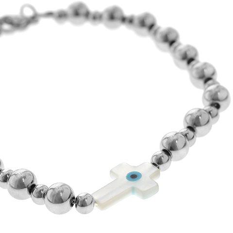 Pulsera acero quirurgico bolitas con dije nacar cruz y ojito 20 cm D&K / 600RE-156