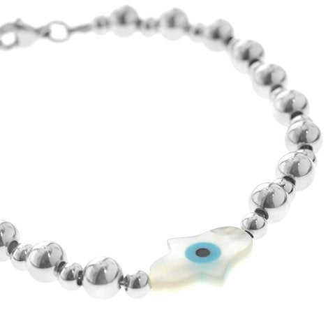 Pulsera acero quirurgico bolitas con dije nacar mano de fatima y ojito 20 cm D&K / 600RE-157