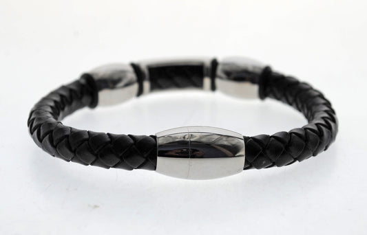 Pulsera negra cuero y acero quirurgico Mod 32