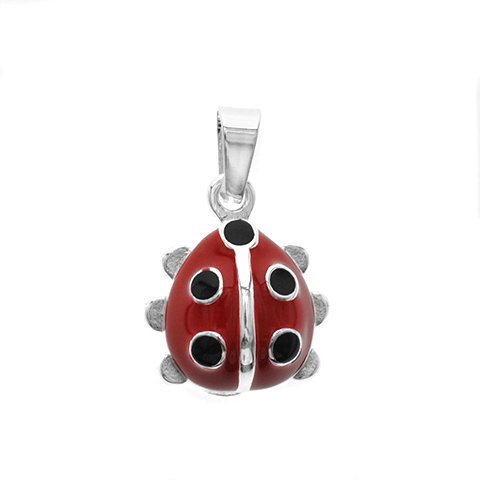 Dije acero blanco vaquita de San Antonio esmaltada con rojo y negro 2.7 cm D&K