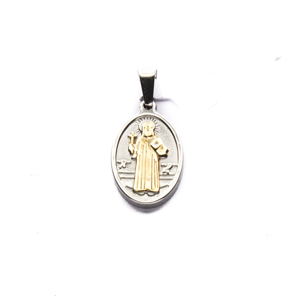 Dije Medalla Ovalada D&K San Benito Con Dorado de Acero Quirúrgico 316L. Alt: 2,8 cm incl. Argolla. / 500RE-5