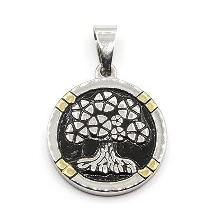 Dije Medalla D&K Arbol De La Vida Fondo Esmaltado Negro Con Detalles en Dorado de Acero Quirúrgico 316L. Alt: 3,5 cm Incl. Argolla. / 500AV-130