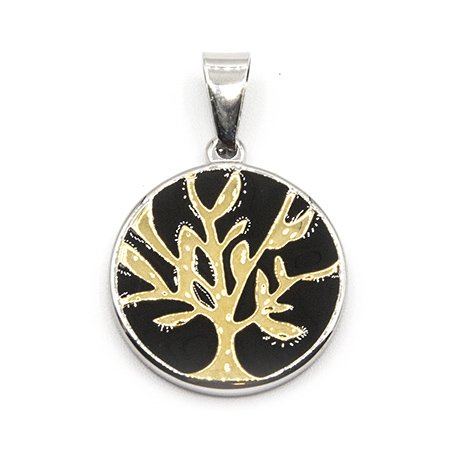 Dije Medalla D&K Arbol De La Vida Fondo Esmaltado Negro Con Dorado de Acero Quirúrgico 316L. Alt: 3,5 cm Incl. Argolla. / 500AV-131