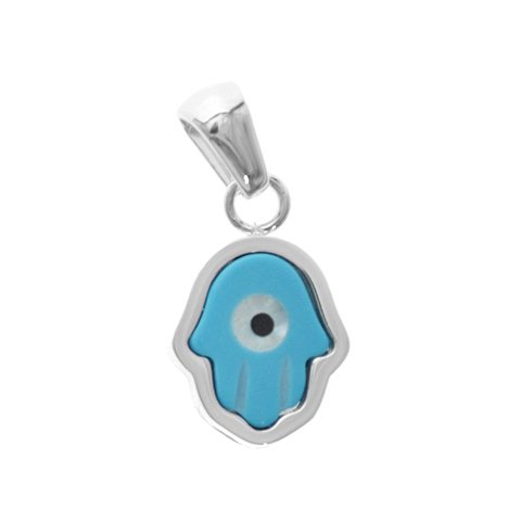 Dije acero blanco Mano de Fátima con ojo turco y nacar celeste 2 cm D&K / 1300NA-3